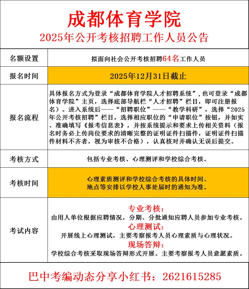 25年成都体育学院招聘!有编?