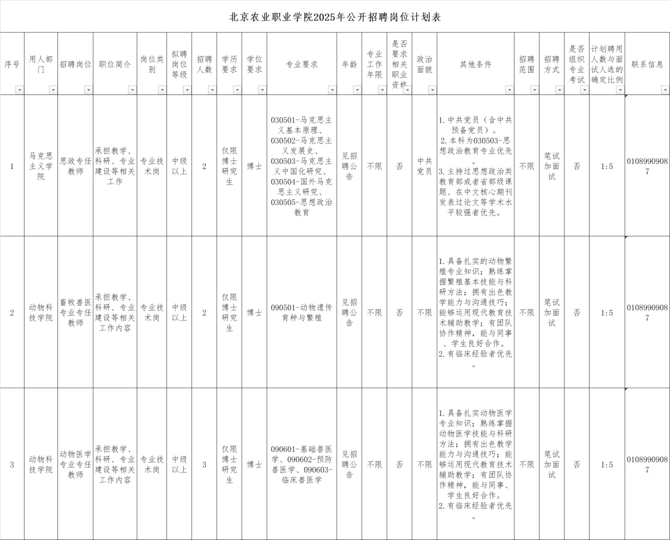 北京农业职业学院招聘编制教师、辅导员