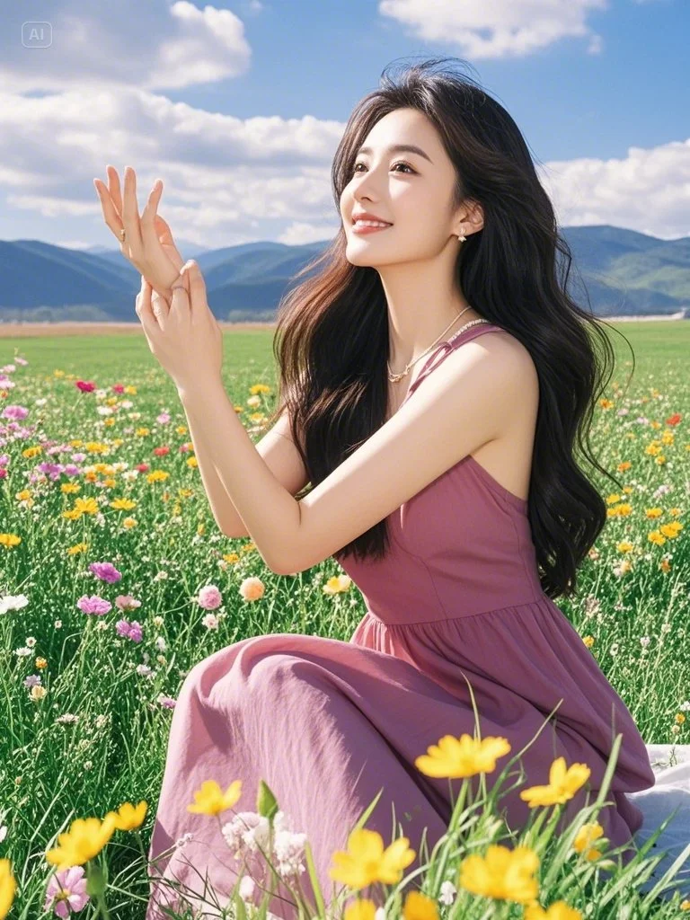 美女坐在草地上