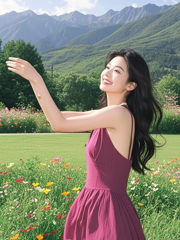 美女坐在草地上