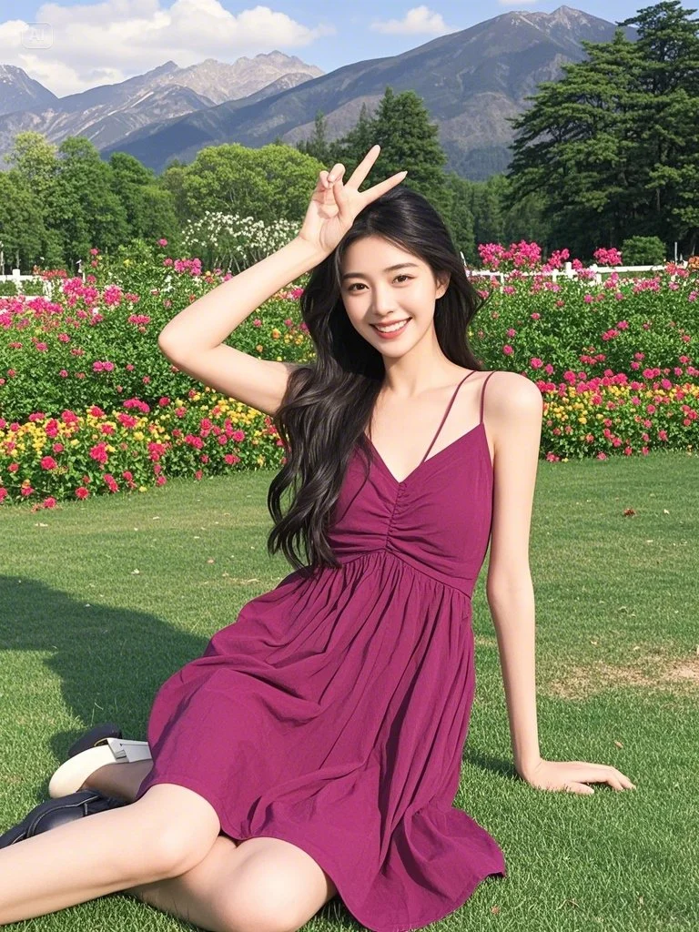 美女坐在草地上