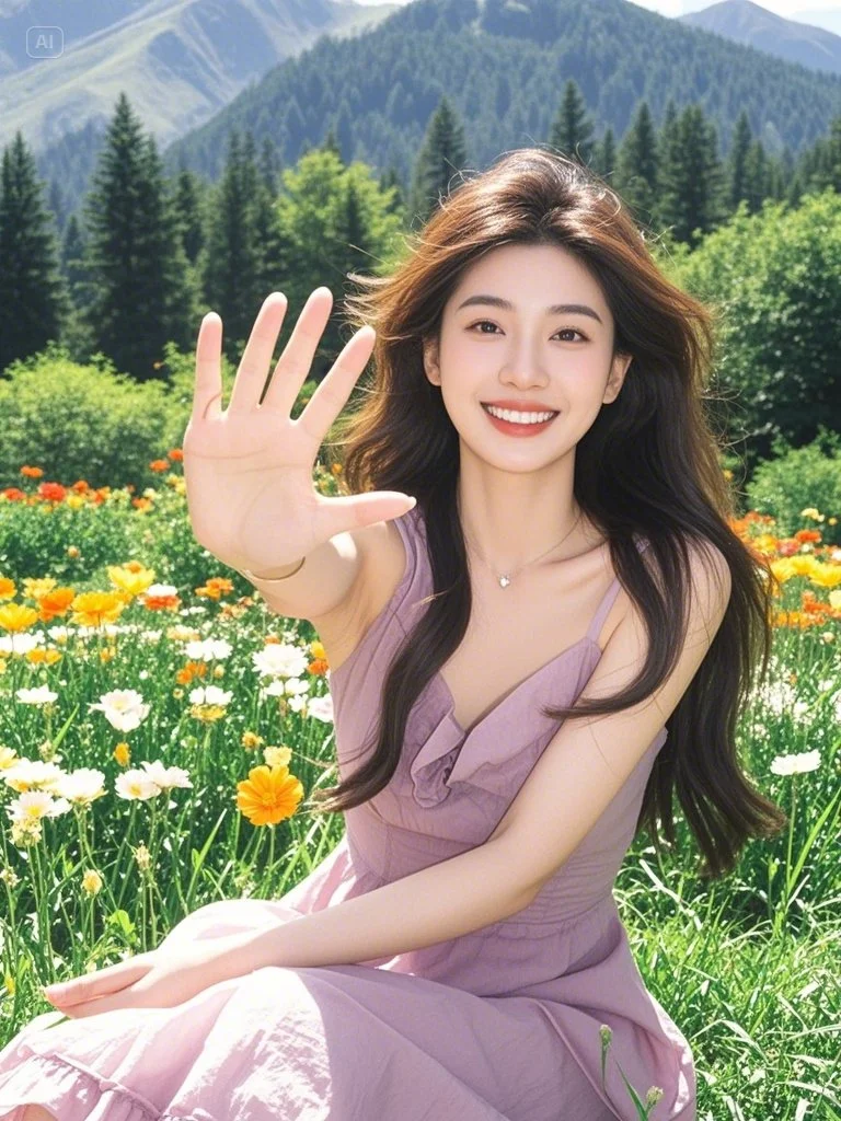 美女坐在草地上