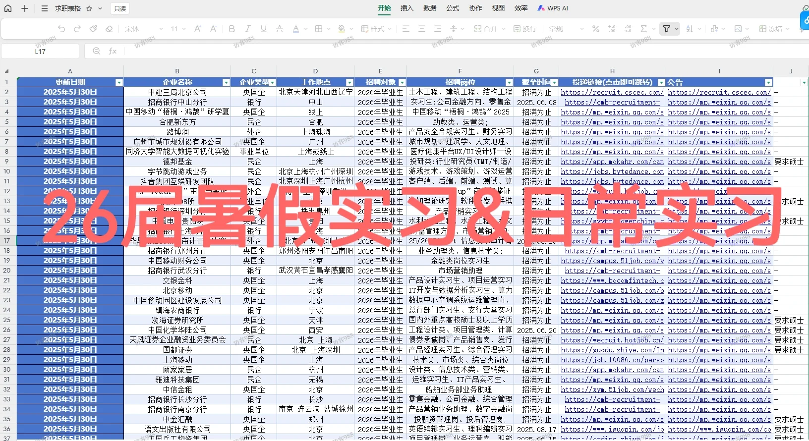 25&26届秋招提前批+常规批校招表已整理