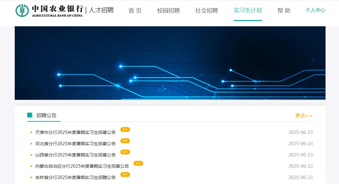 中国农业银行2025年度实习生招聘公告