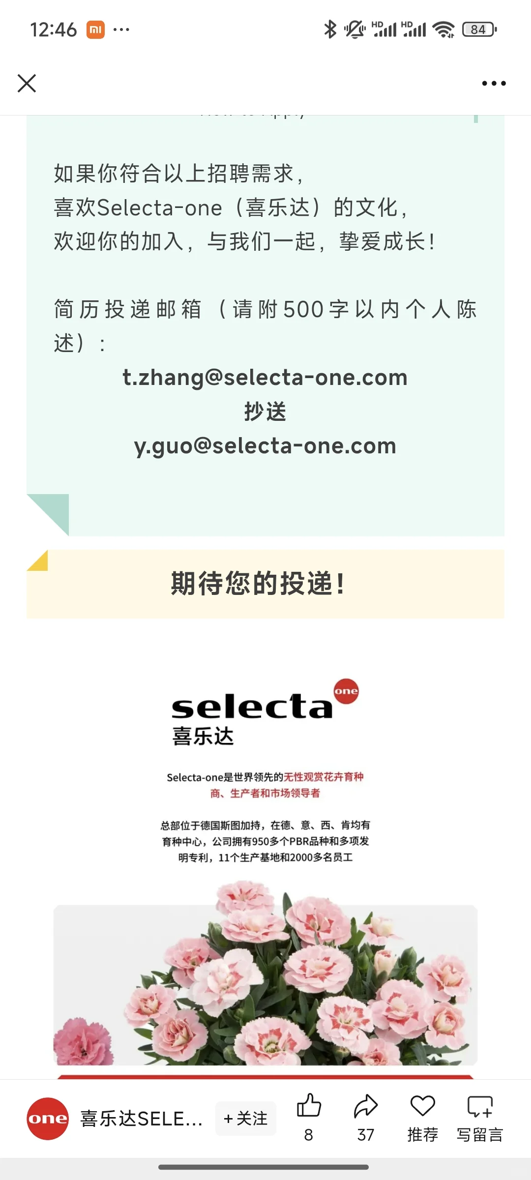 花卉外企喜乐达招聘，农学生不要错过！