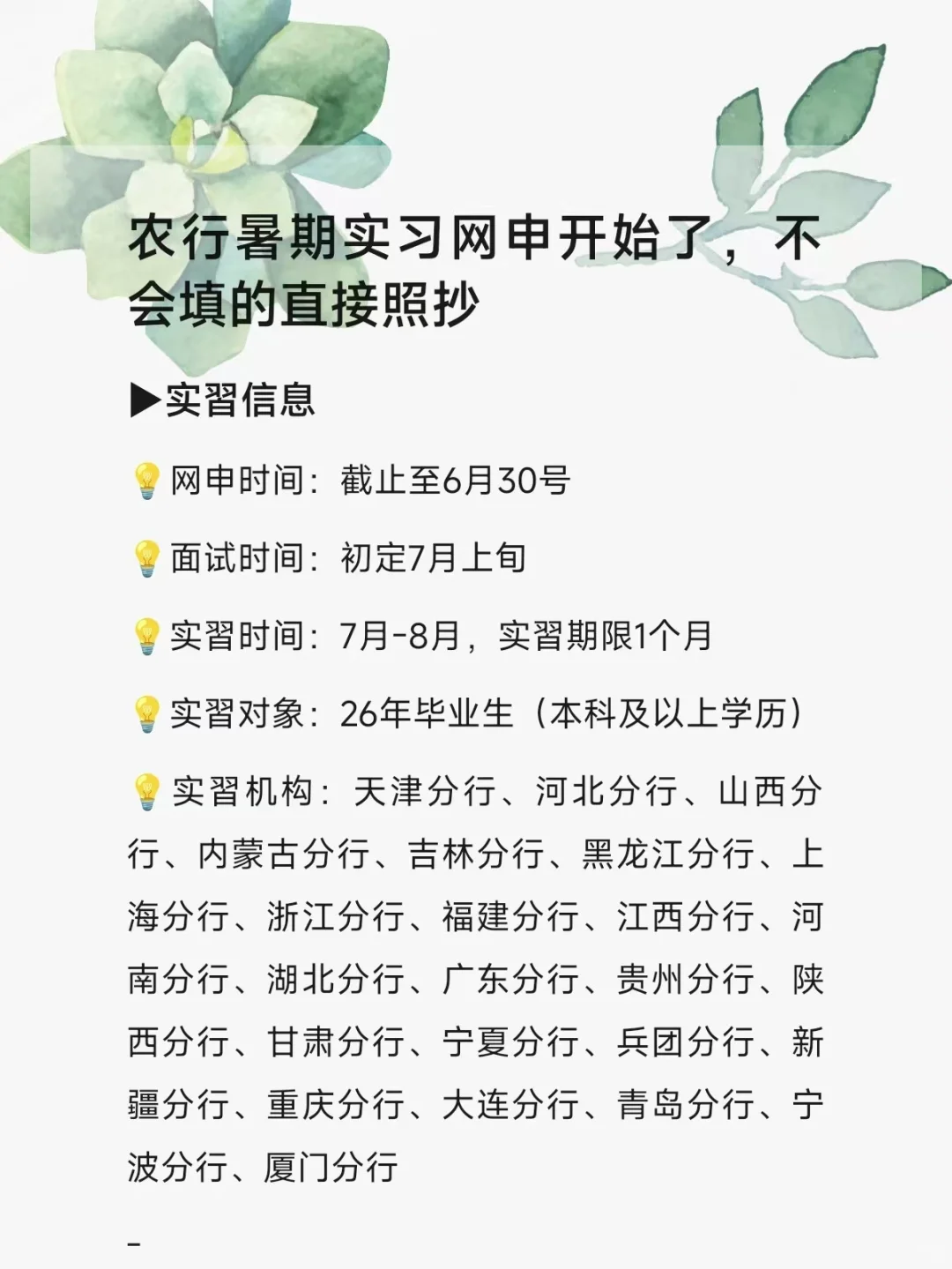 农行暑期实习网申开始了,不会填的直接照抄