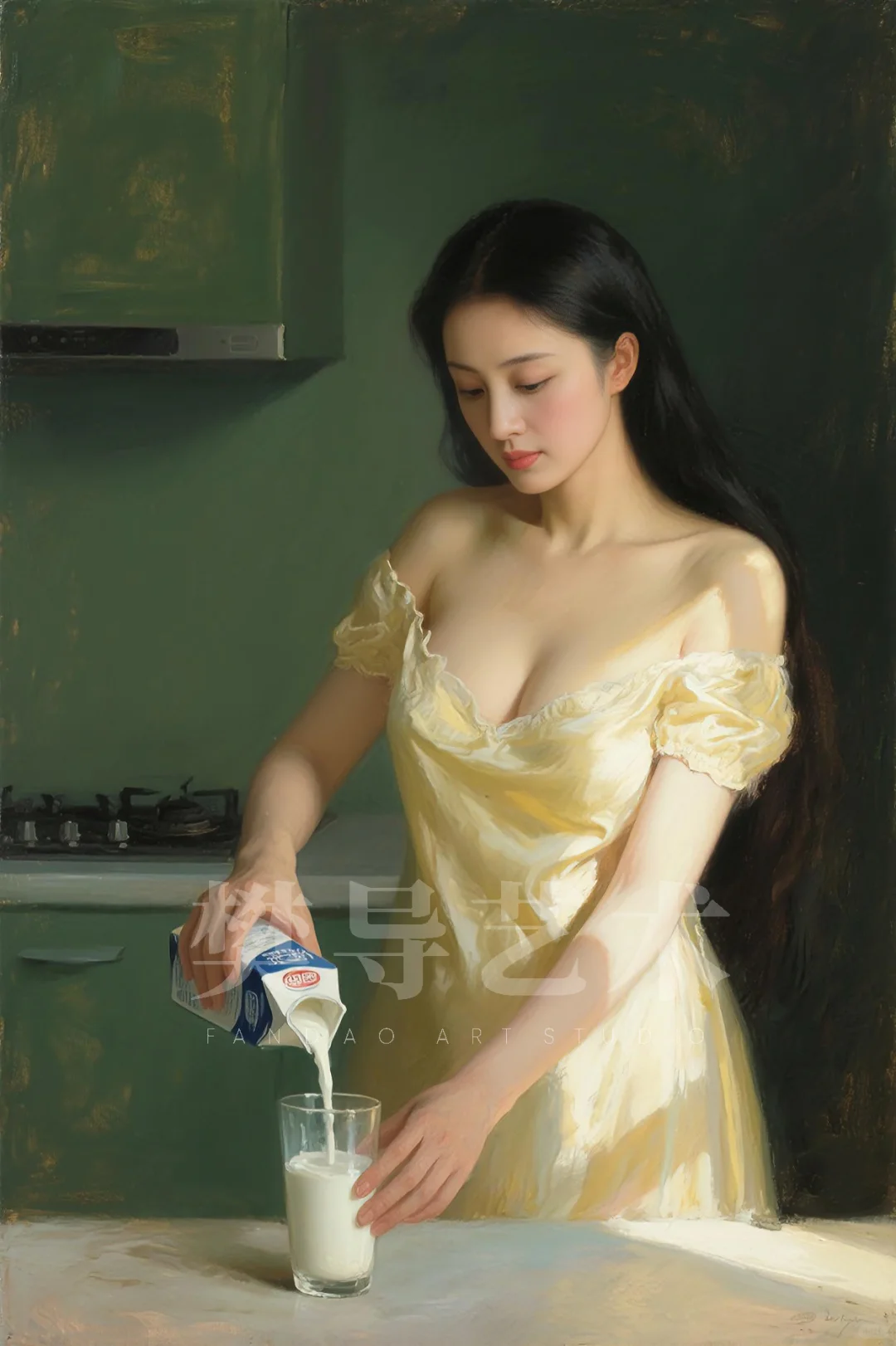 AI油画习作《倒牛奶的女主人》,致敬维米尔