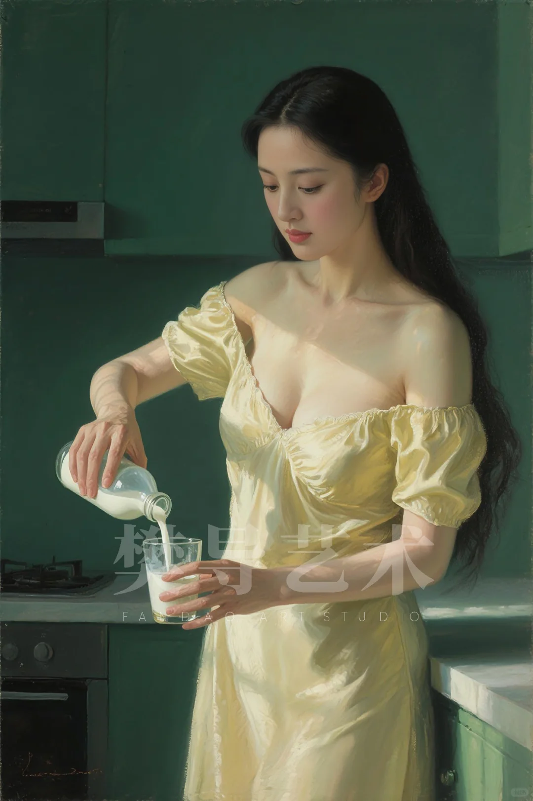 AI油画习作《倒牛奶的女主人》,致敬维米尔