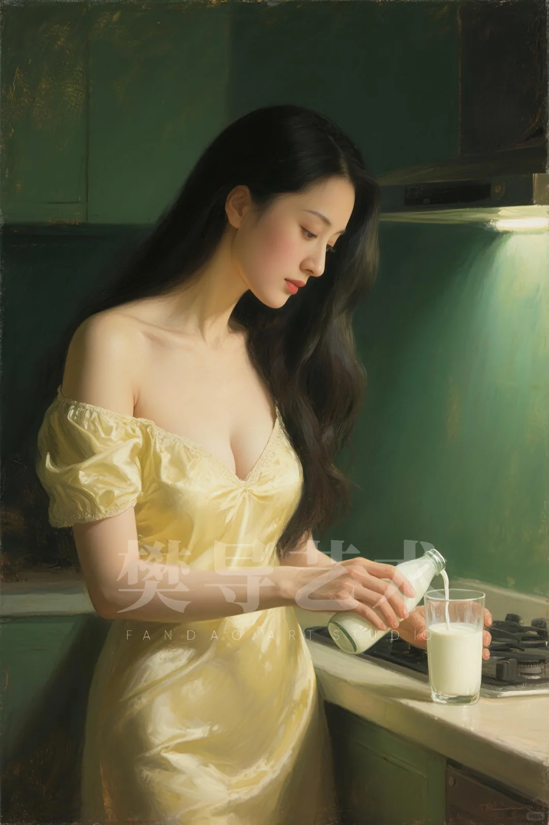AI油画习作《倒牛奶的女主人》,致敬维米尔
