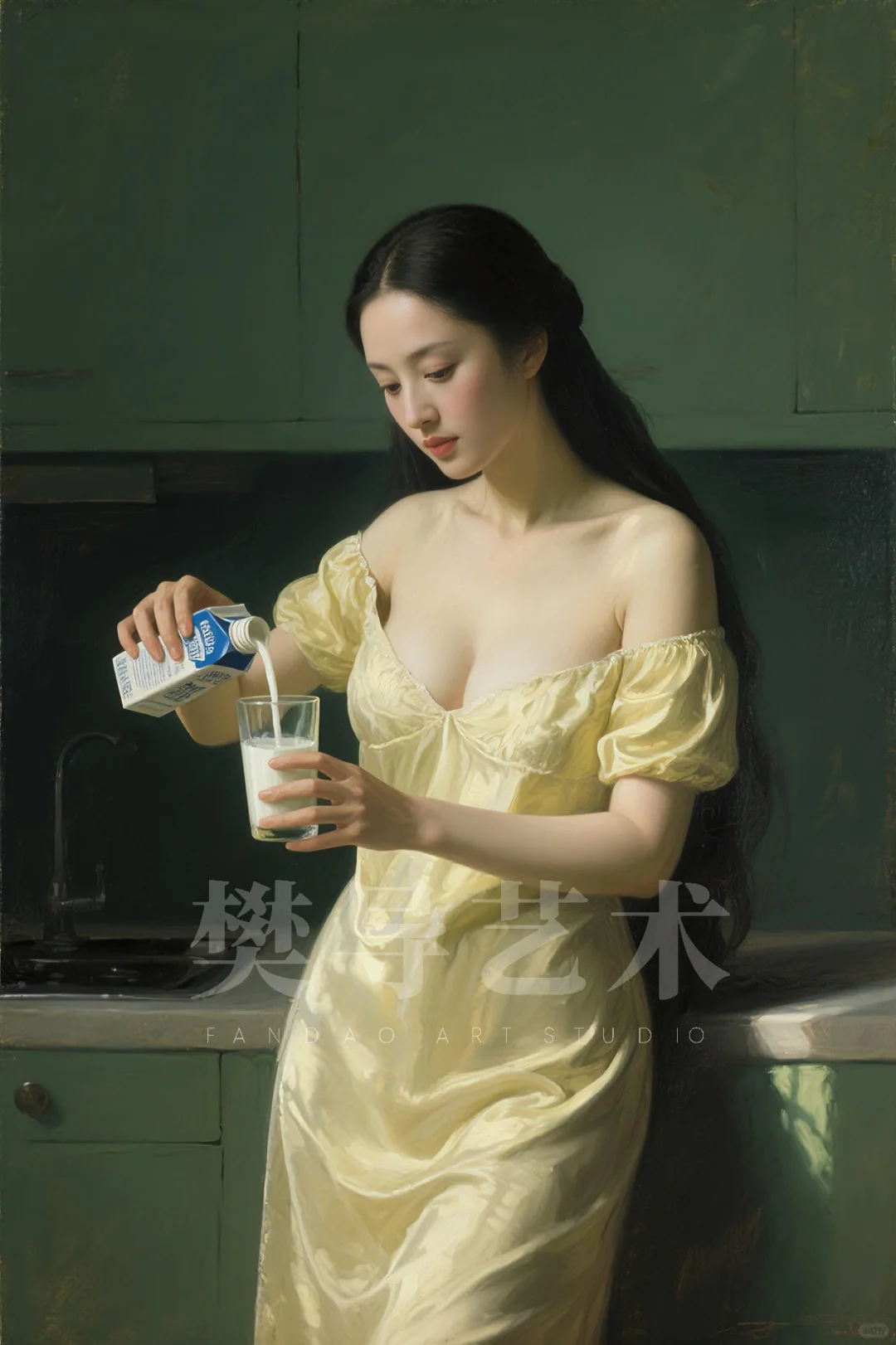 AI油画习作《倒牛奶的女主人》,致敬维米尔