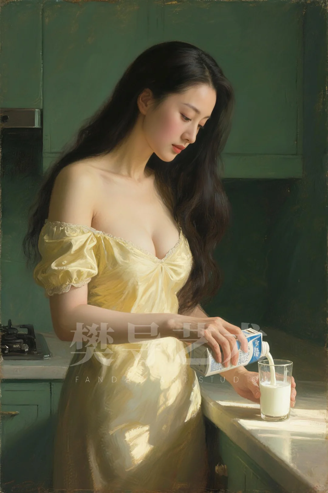AI油画习作《倒牛奶的女主人》,致敬维米尔