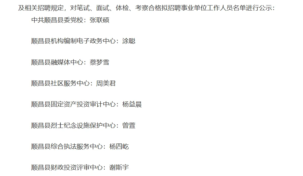 25年南平顺昌县事业单位拟聘用名单公示!