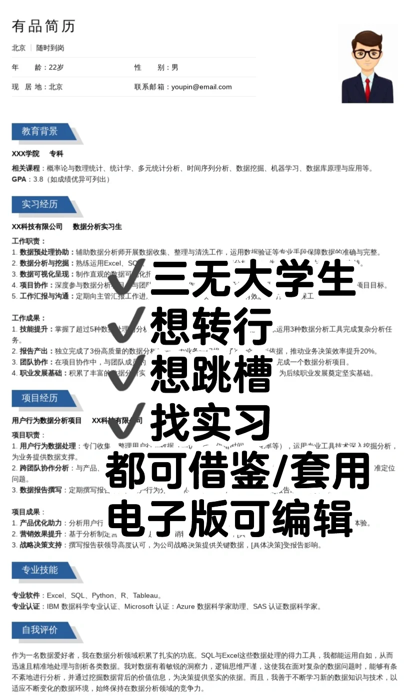1r拿下的数据分析简历模板无经验实习跳槽?