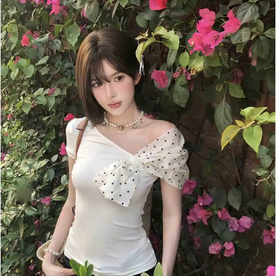 韩系波点蝴蝶结露肩T，纯欲辣妹风来袭！