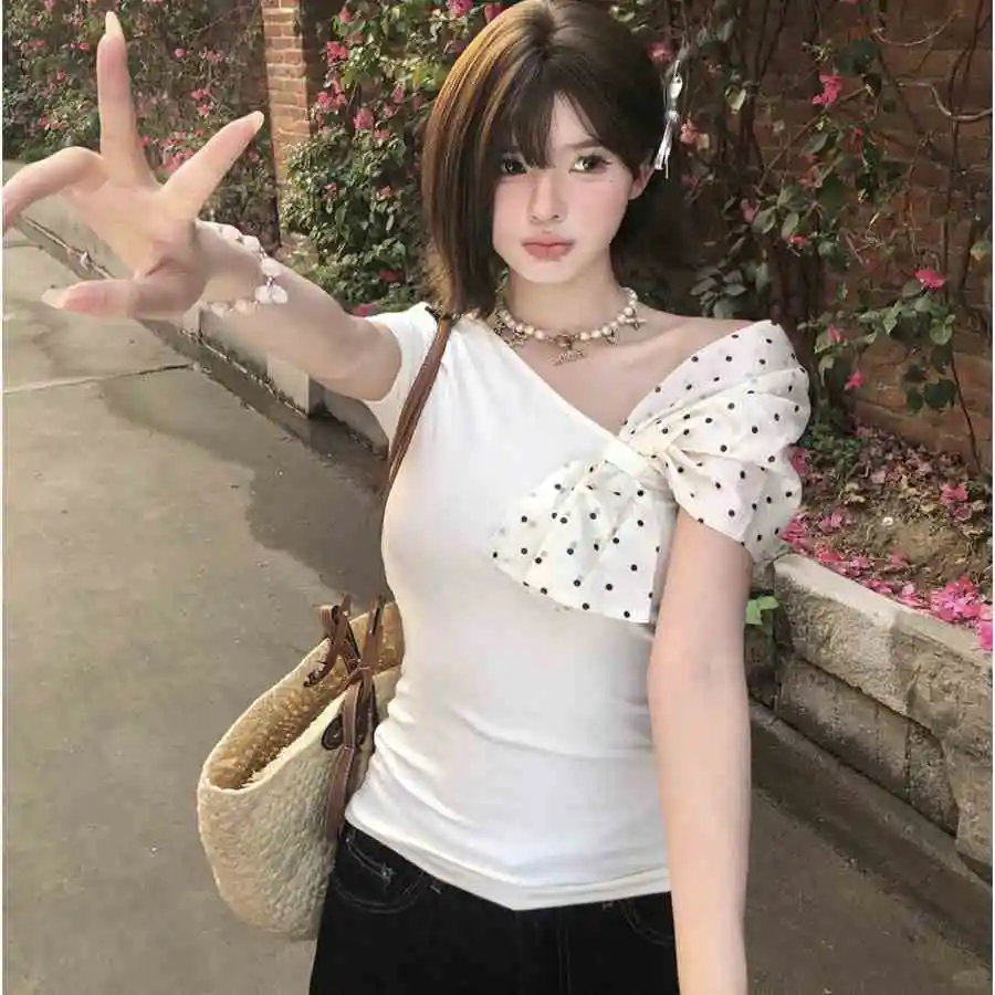 韩系波点蝴蝶结露肩T，纯欲辣妹风来袭！
