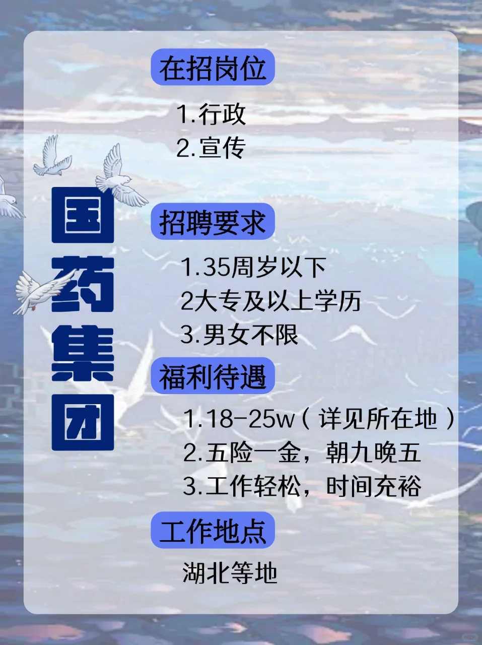 国药集团的好岗位,待遇好,工作轻松~