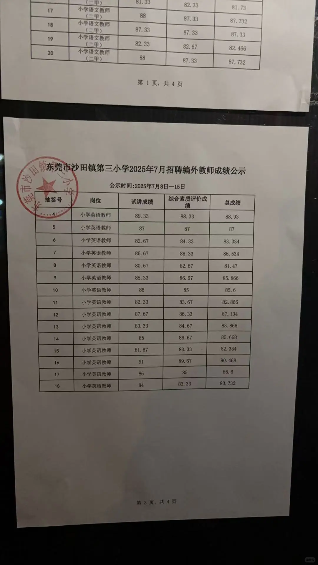 沙田三小7.8临聘教师招聘公示