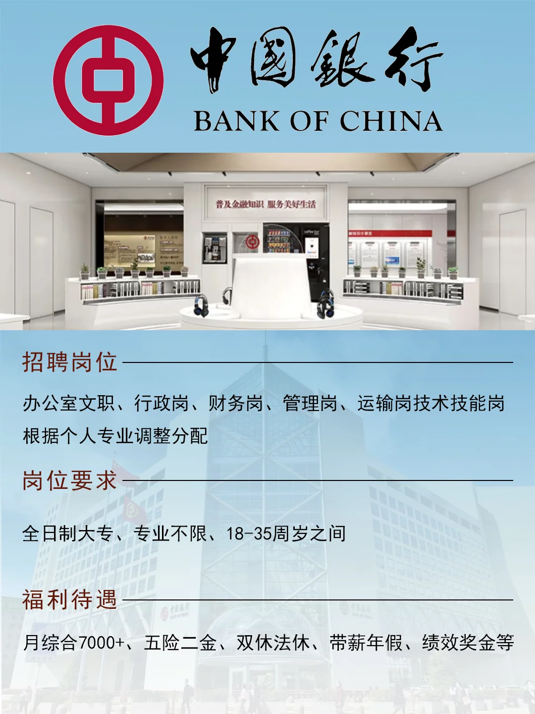 招聘啦!中国银行正在招人!