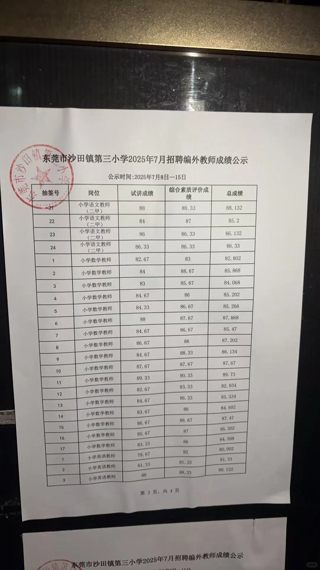 沙田三小7.8临聘教师招聘公示