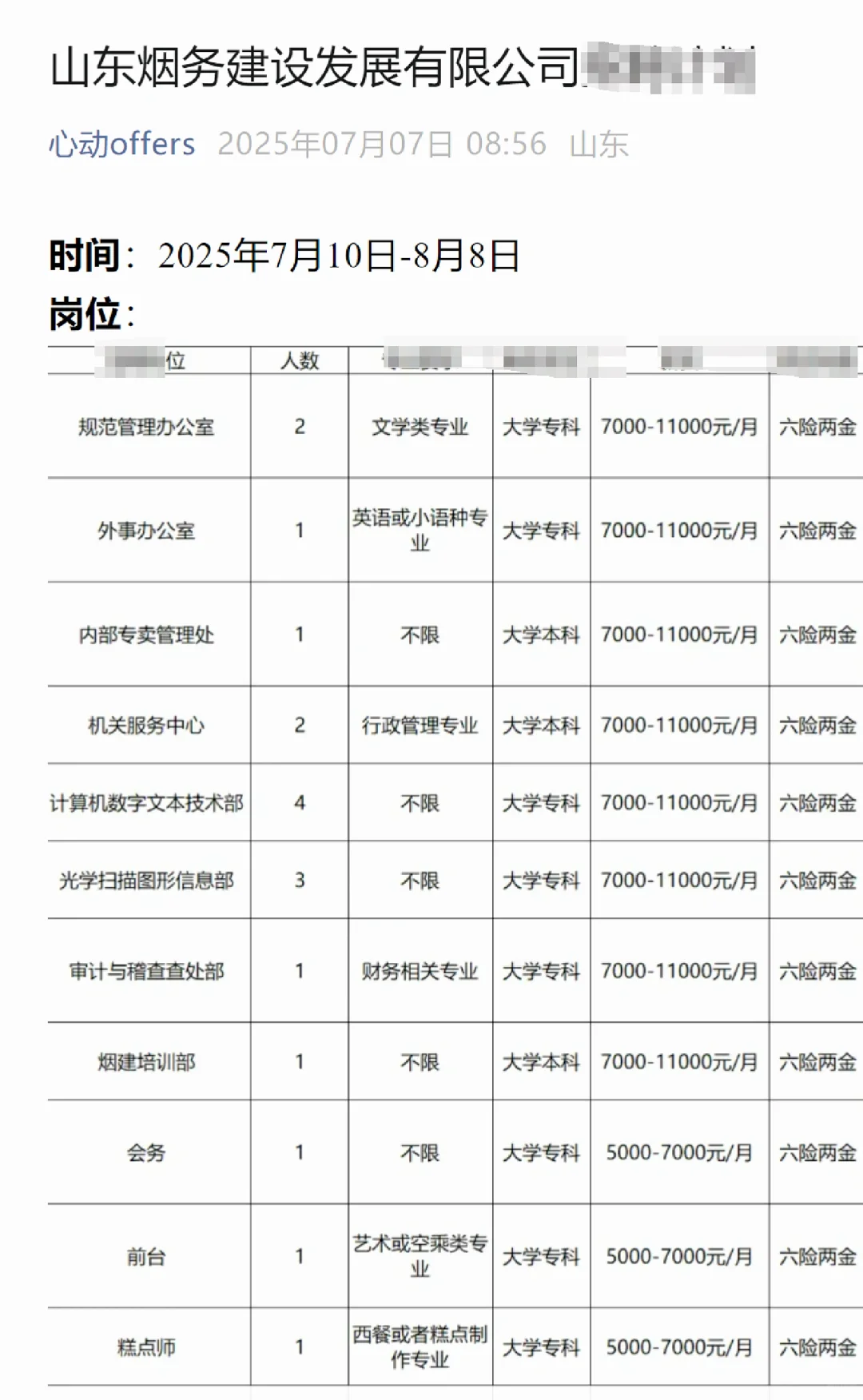 山东烟务建设发展有限公司招聘计划