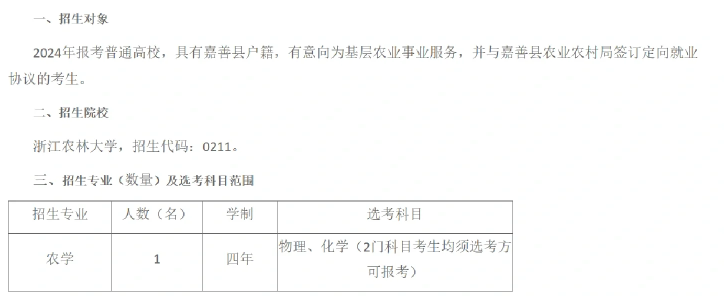 2024年嘉善县定向培养基层农技人员招生（招