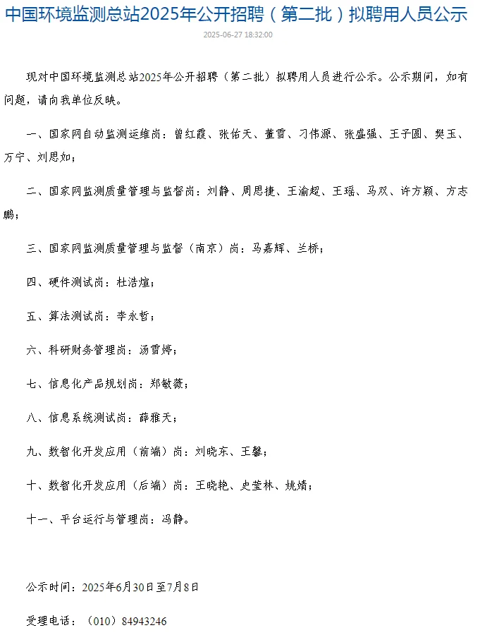 环境检测总站2025年第二批聘用人员公示了