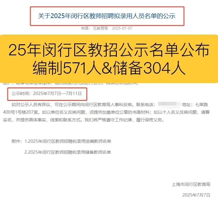 25年上海闵行区教师招聘考试拟录用名单公示