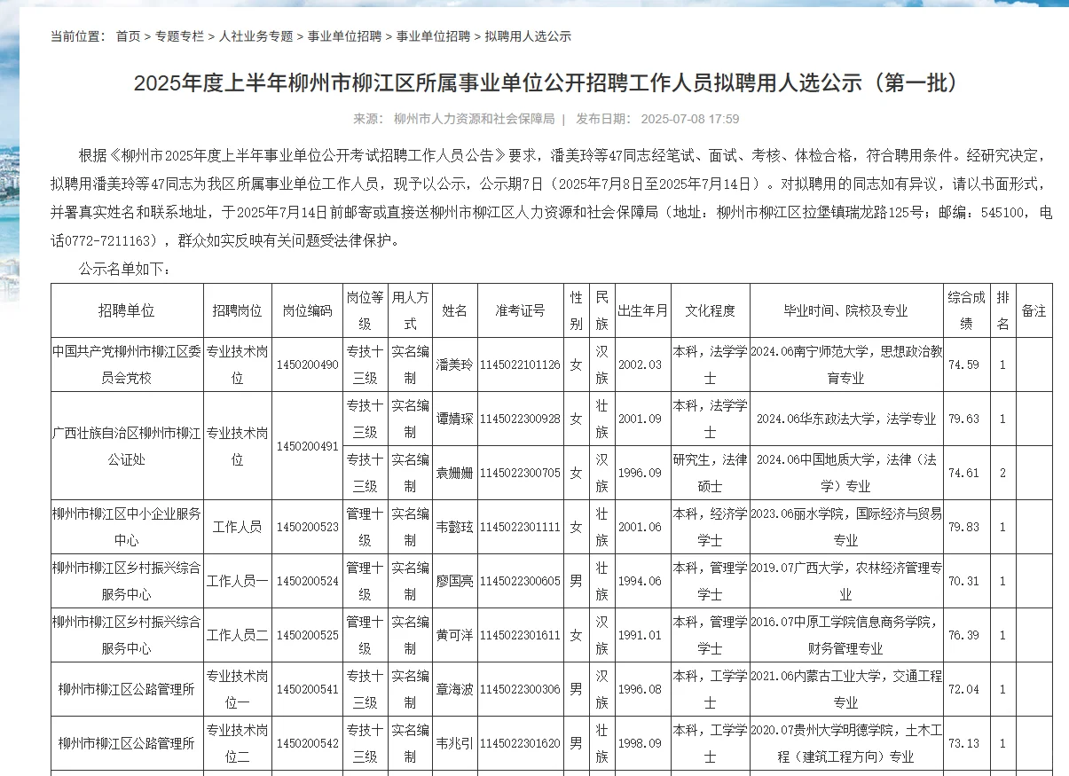 25年柳州市柳江区事业单位拟聘用公示第一批