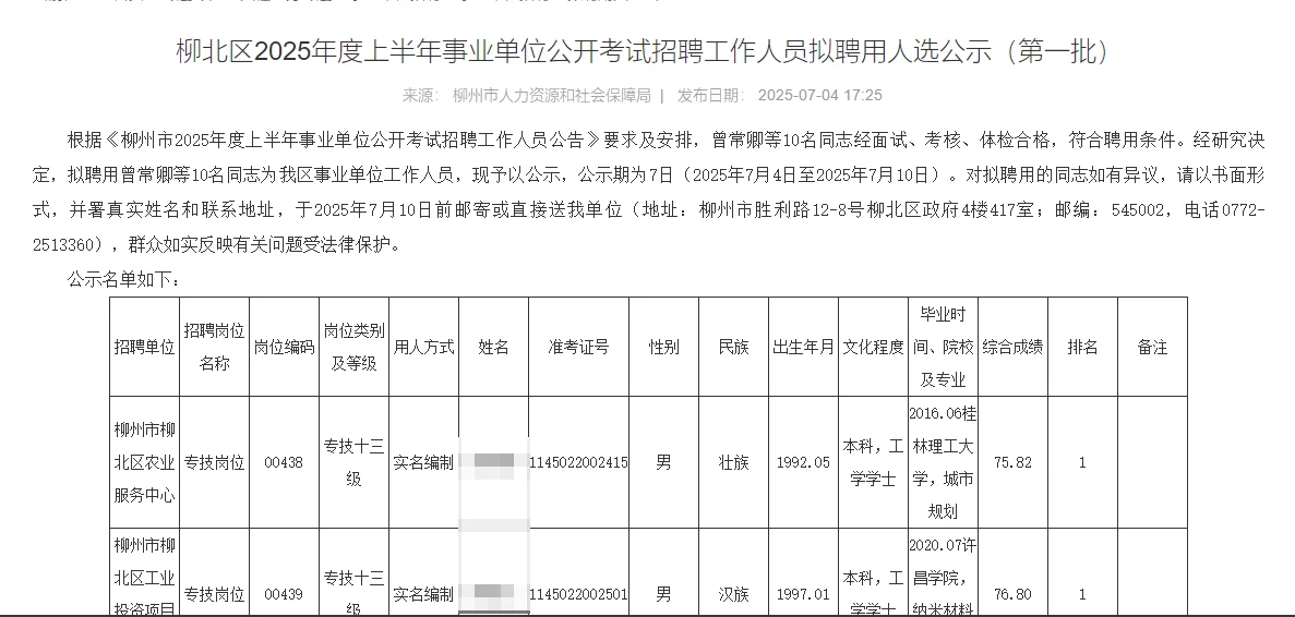 柳北区2025年事业单位拟聘用人选公示