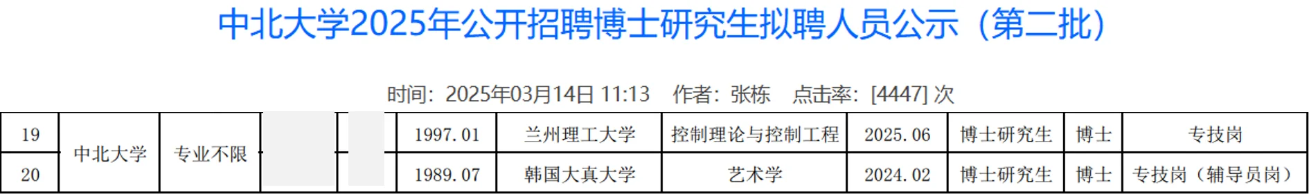 中北大学2025年博士教师招聘公示名单