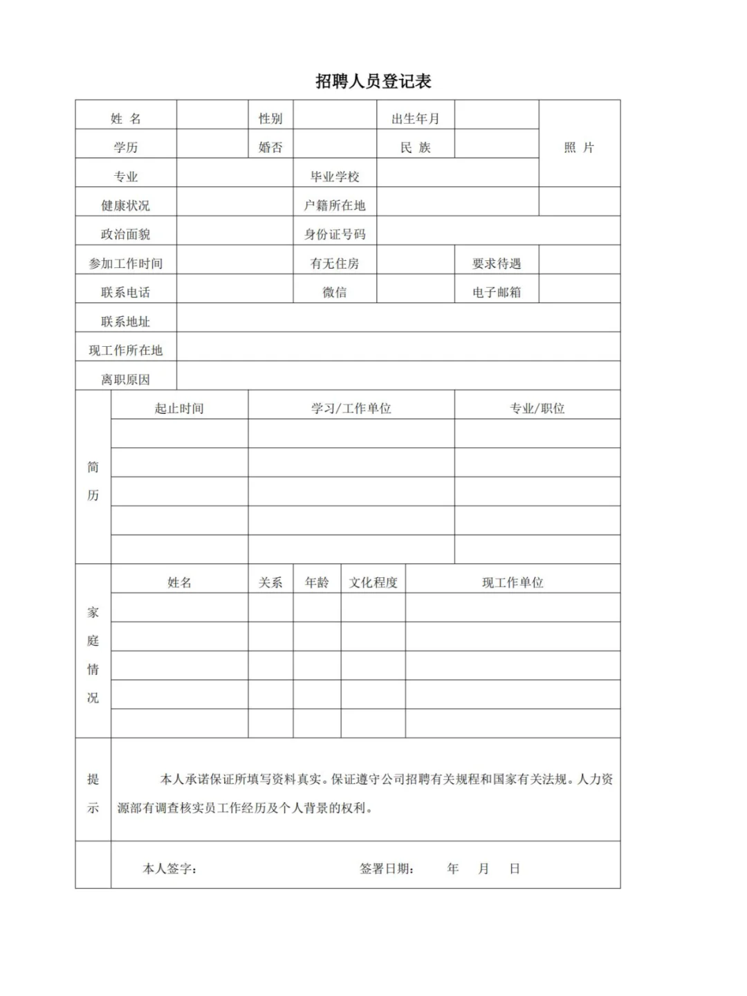 招聘人员登记表