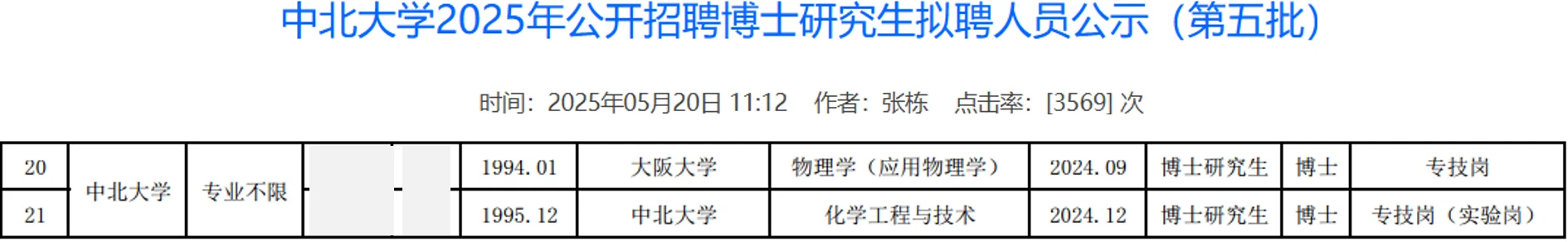 中北大学2025年博士教师招聘公示名单