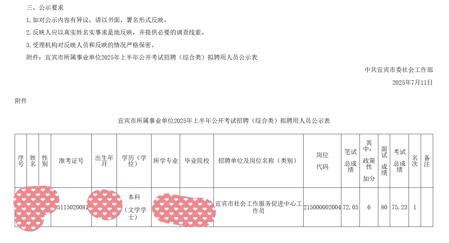 宜宾市25上公开招聘录用公示名单已出