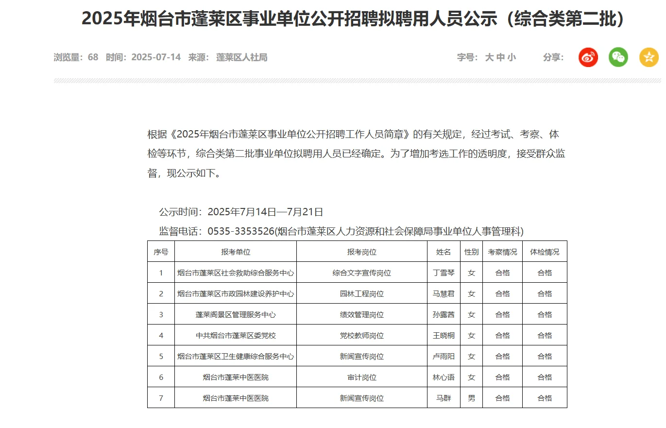 烟台蓬莱事业单位聘用人员公示出啦!