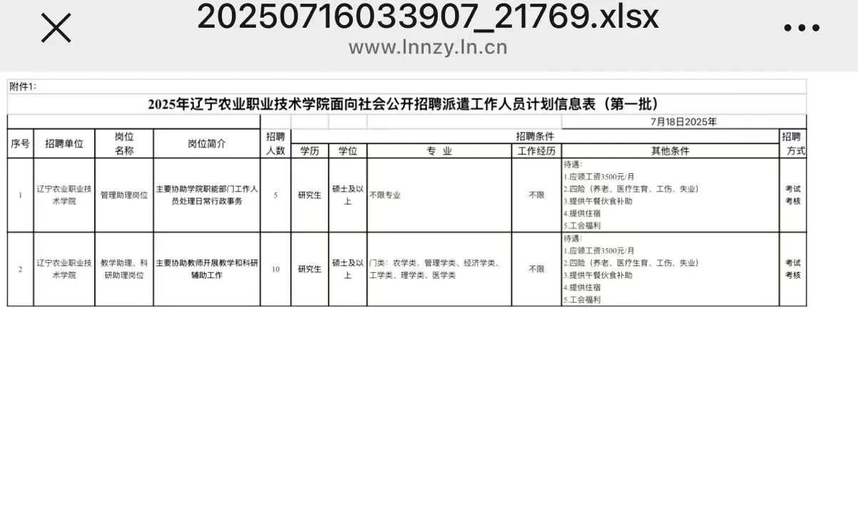 辽宁农业职业技术学院招聘人才派遣