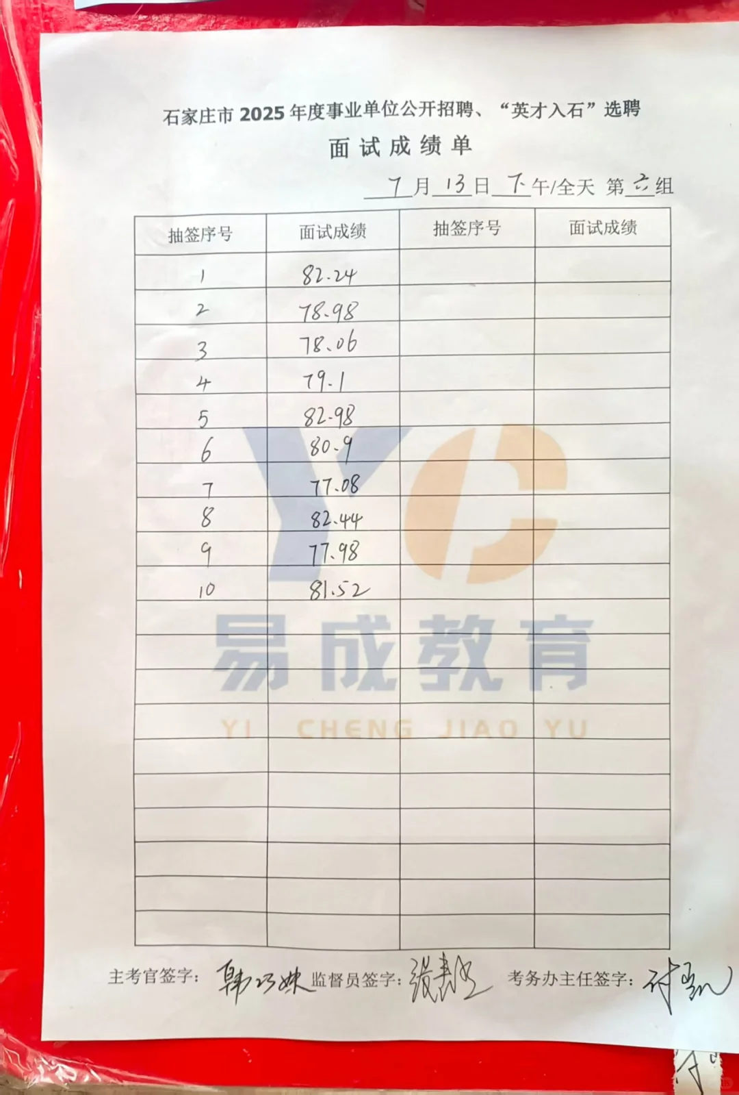 7.13下午石家庄市直面试成绩公示