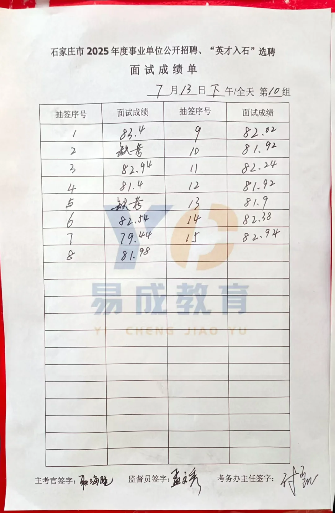 7.13下午石家庄市直面试成绩公示