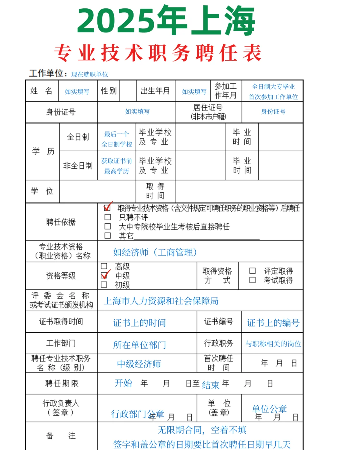 2025年上海专业技术职务聘任表! 满分模版