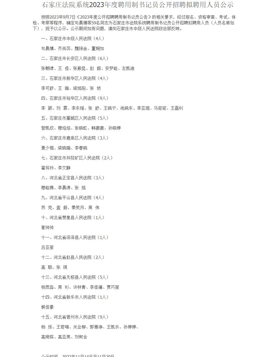2023石家庄法院系统聘用制书记员录用公示