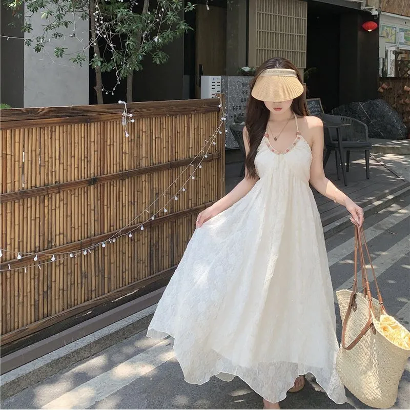法式纯欲风露背挂脖吊带长裙,夏日甜心必备