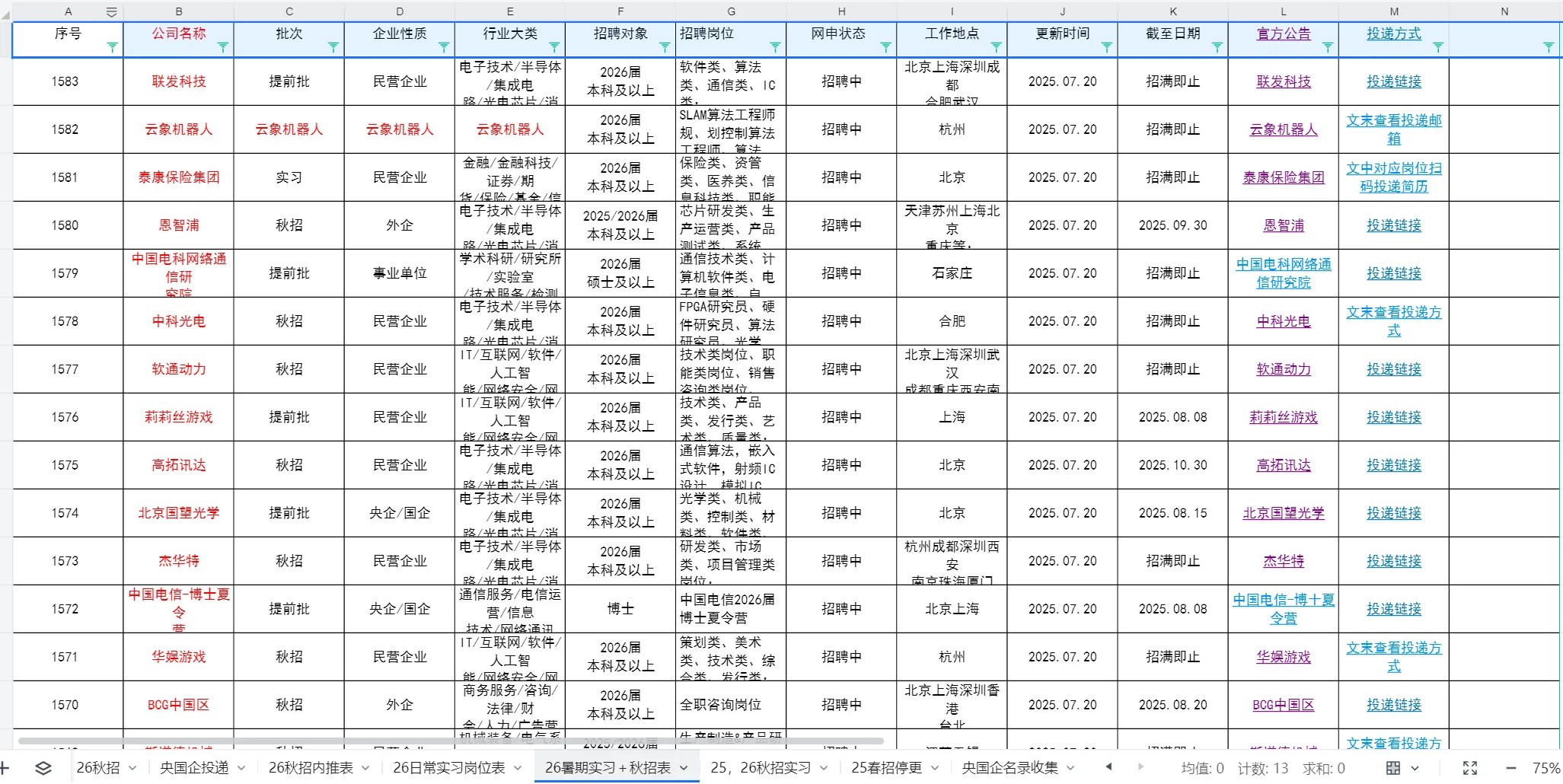 2026届全网最全秋招春招信息汇总表