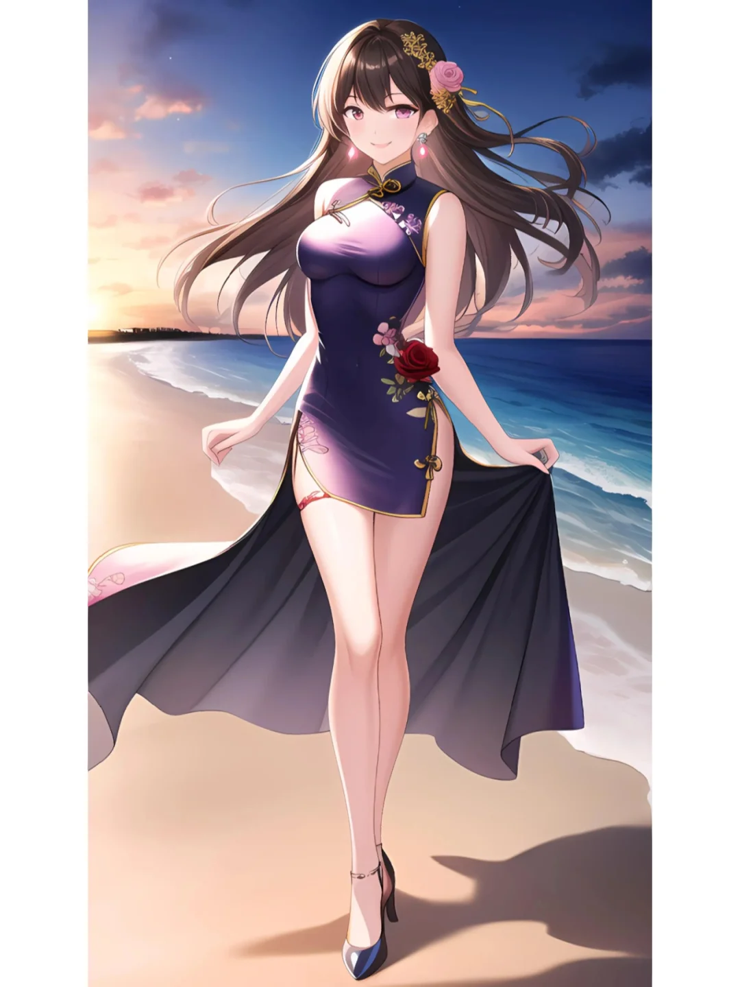 颜值担当no.26|美丽海边可爱小姑娘AI插画