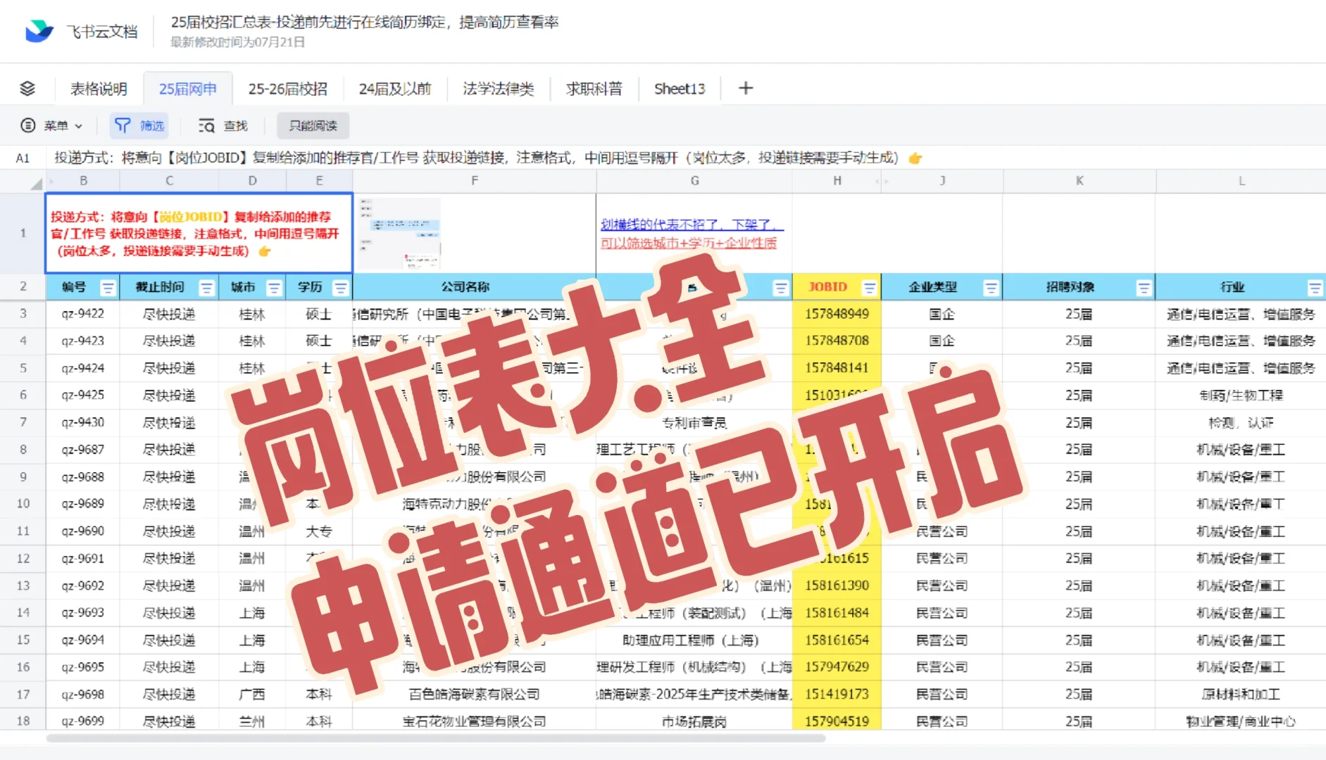 网申开始啦，岗位信息已整理