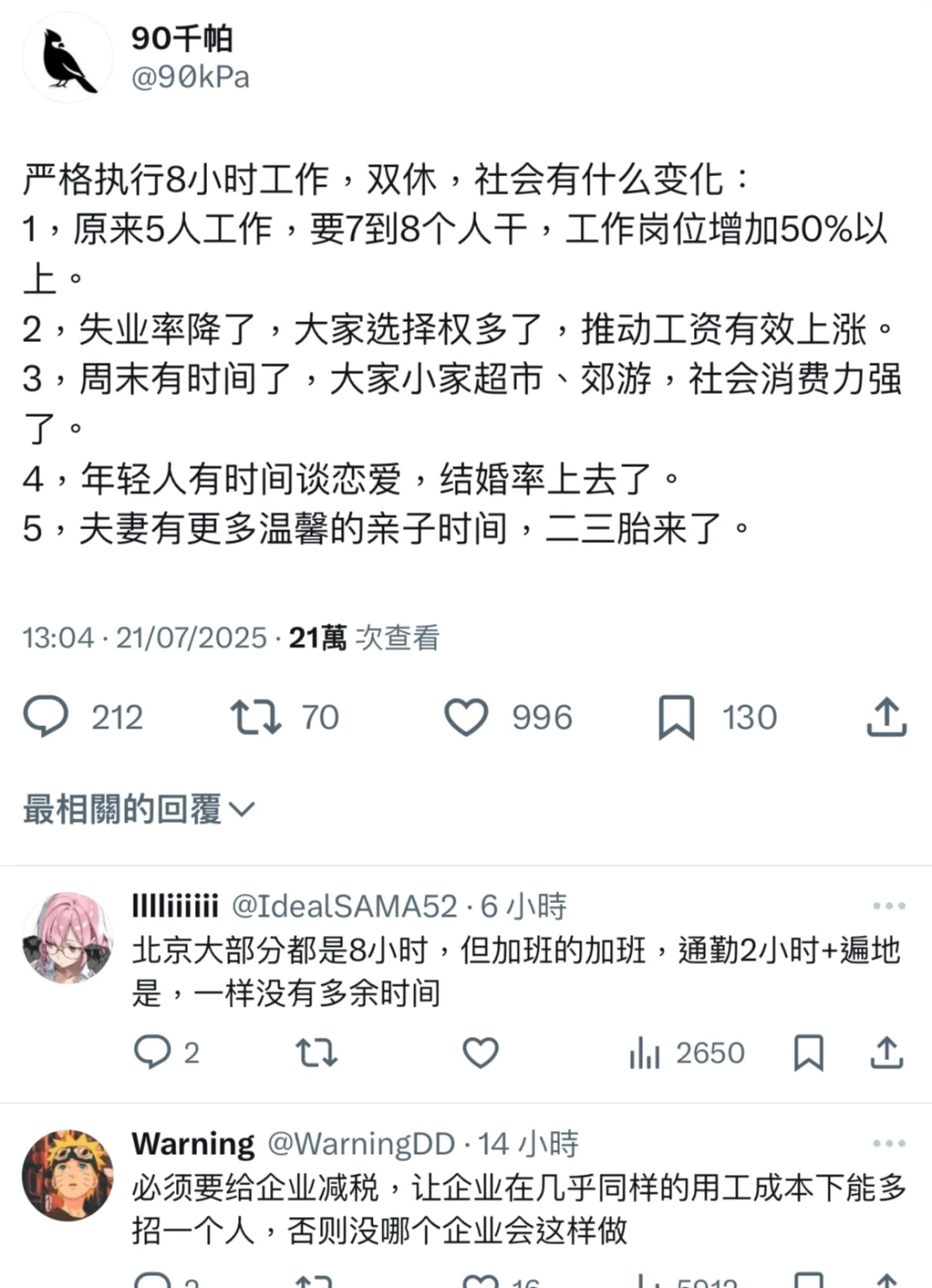 严格执行8小时工作，双休，社会有什么变化