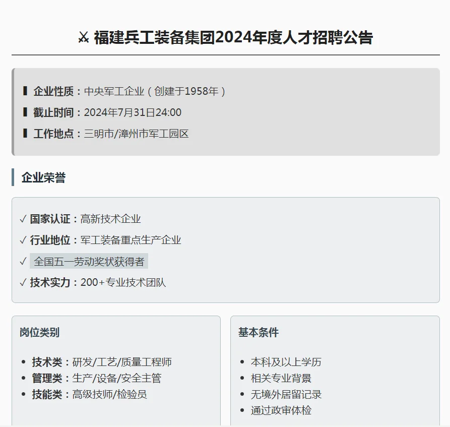 福建兵工装备高薪急招!正式编制!六险俩金!