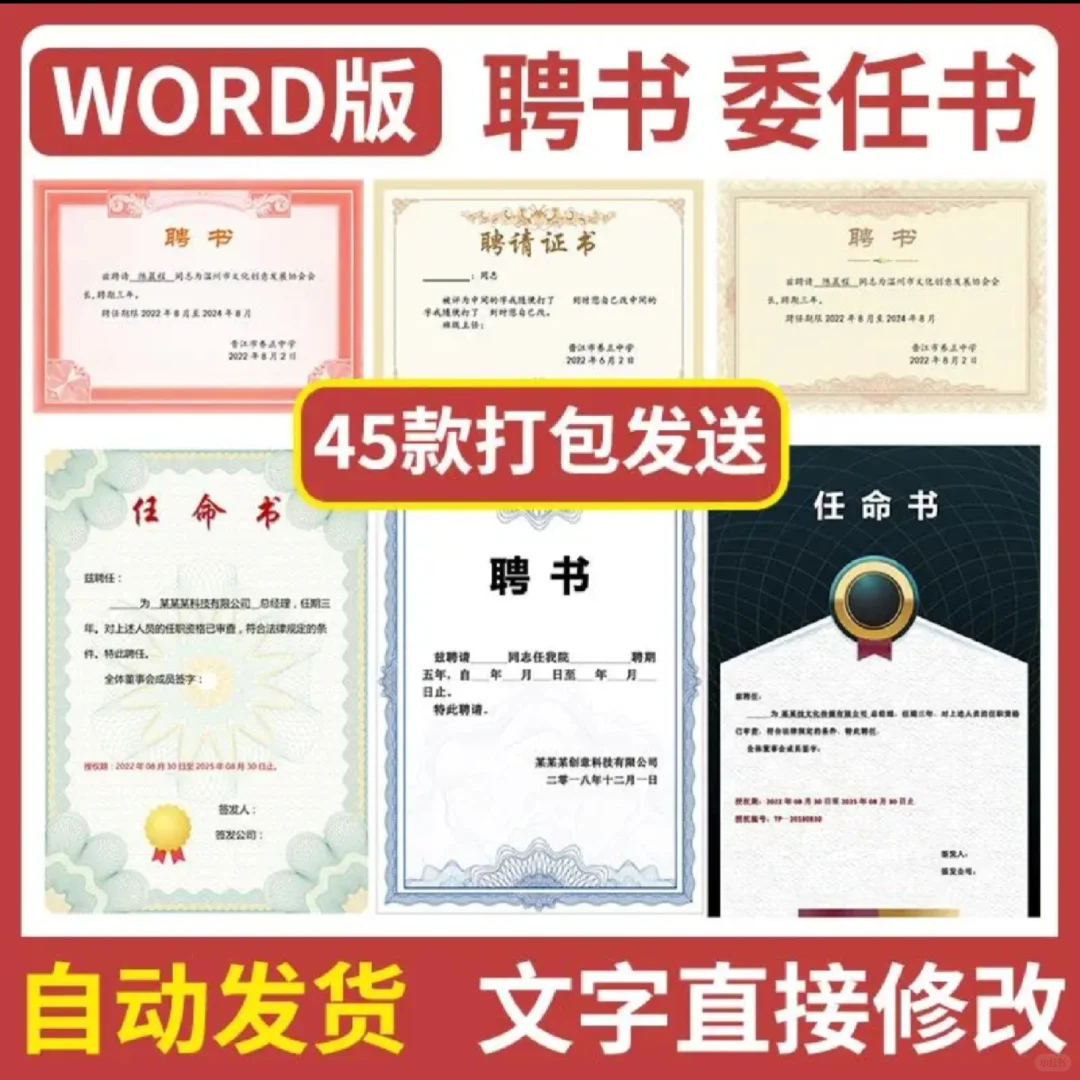 聘书奖状任命书聘请书证书word文档设计素材