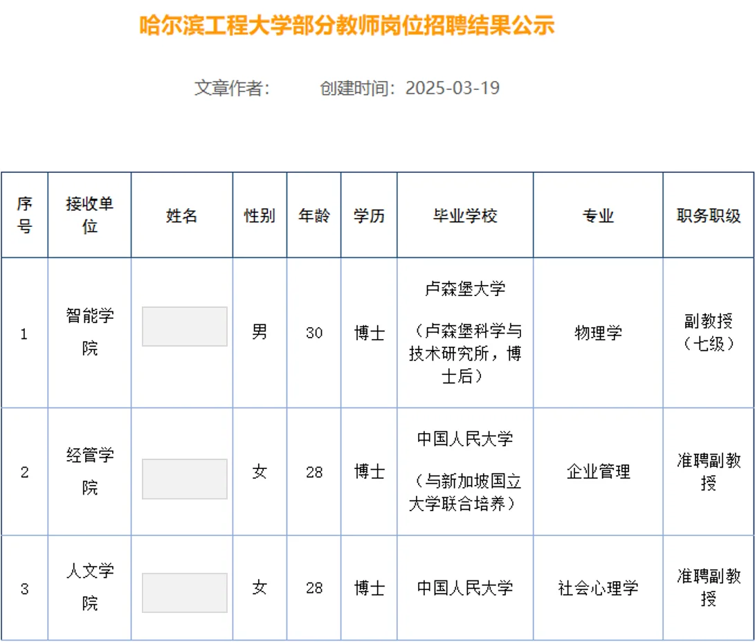 哈尔滨工程大学2025年教师招聘公示名单