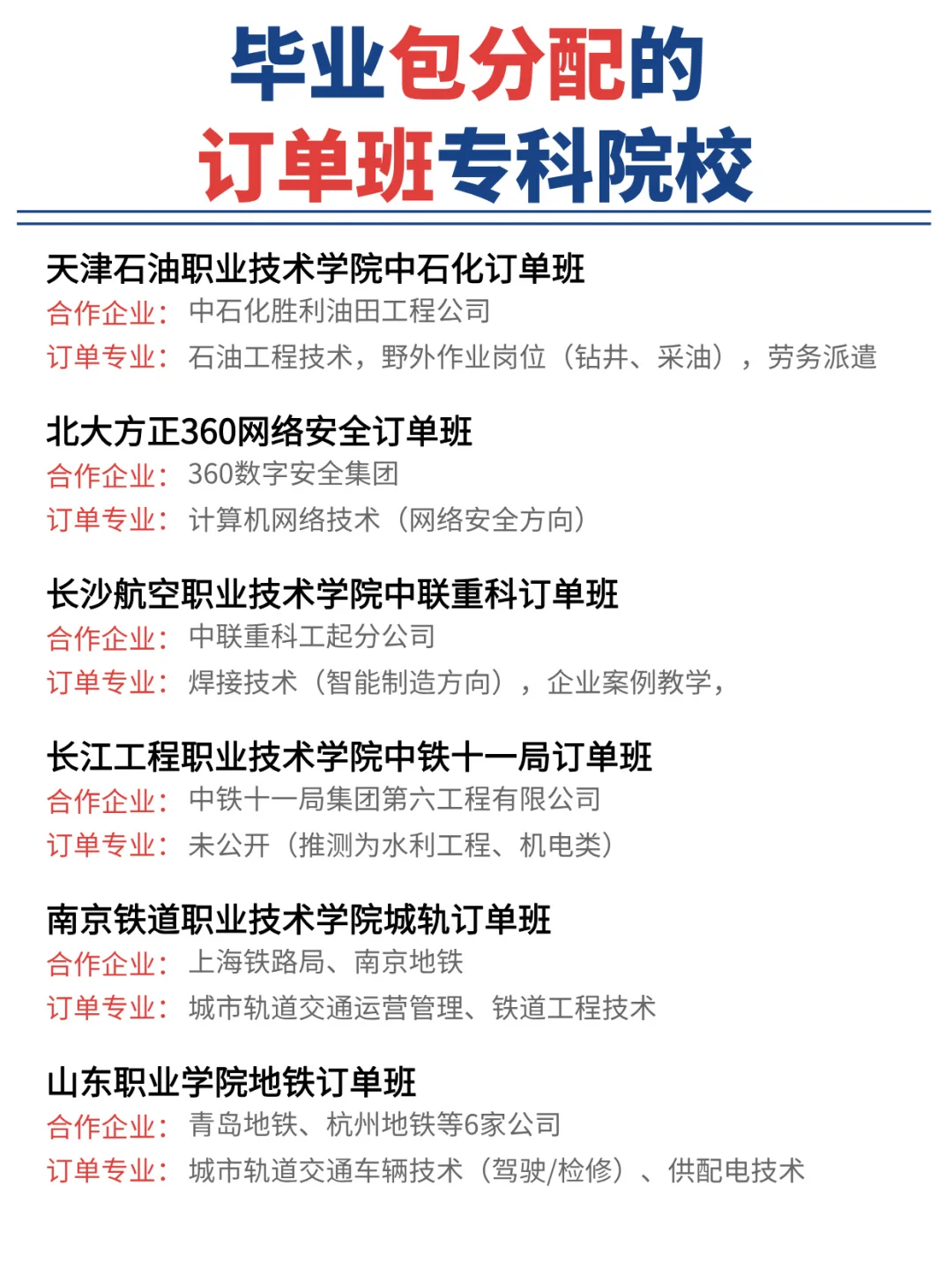 专科生也有好出路!毕业包分配的订单班清单