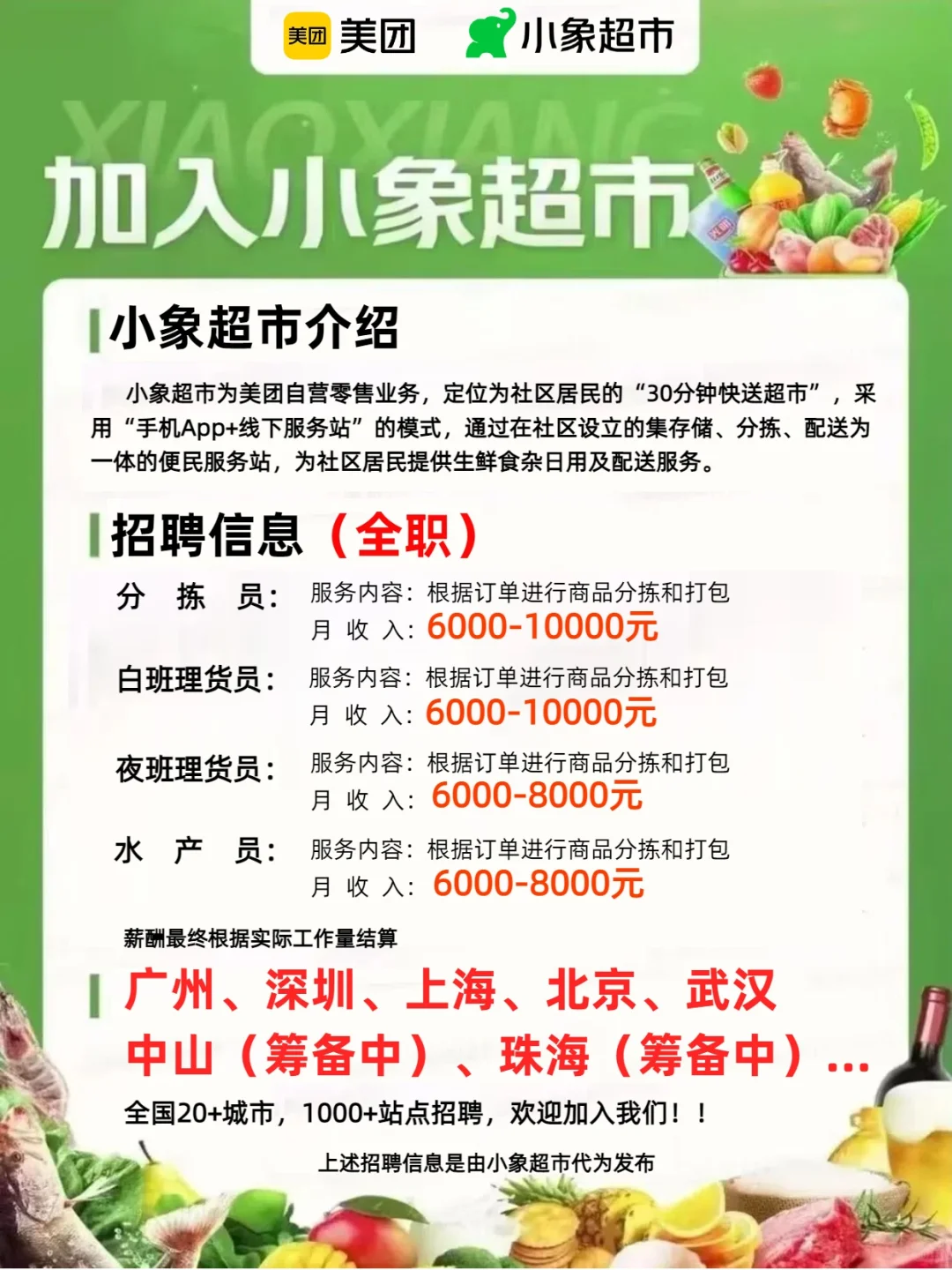 距离你1.3km美团小象超市招女分拣员啦！