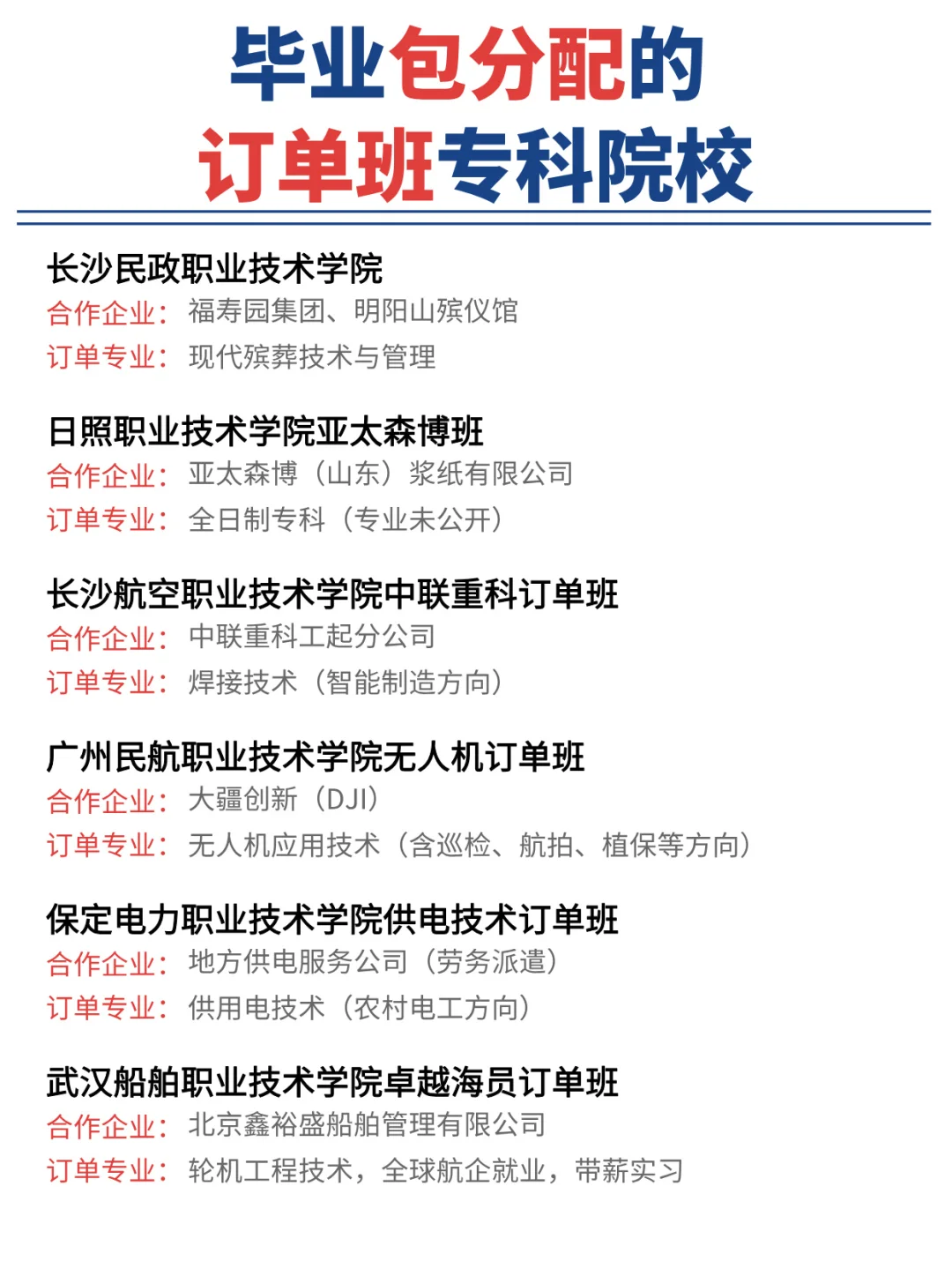 专科生也有好出路!毕业包分配的订单班清单